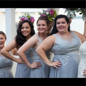 Long silver on silver prom/bridesmaids dress